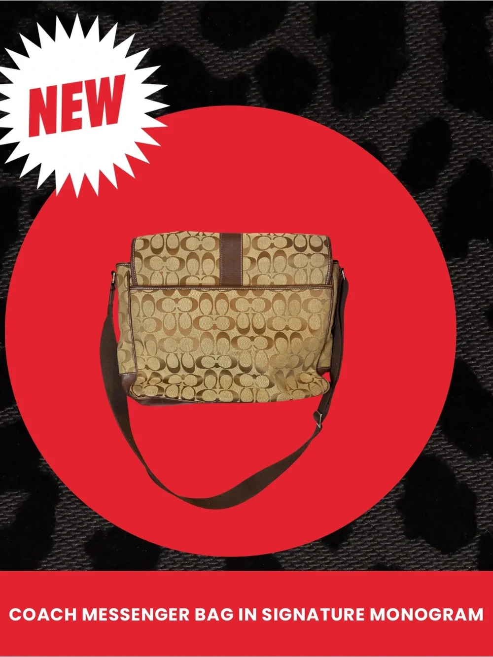 Coach Tan Signature Monogram Messenger Bag with Brown Trim